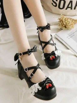 Lolita Chaussures Douces Déco Fraise et Mousseline Noeds Quoditien Talon Bas