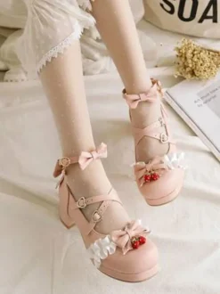 Lolita Chaussures Douces Déco Fraise et Mousseline Noeds Quoditien Talon Bas