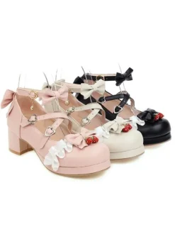 Lolita Chaussures Douces Déco Fraise et Mousseline Noeds Quoditien Talon Bas