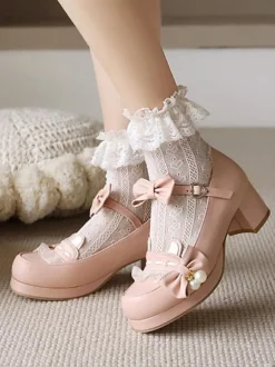 Lolita Chaussures Douces Noed à Côté Perle Faux Oreilles de Lapin Déco Mousseline