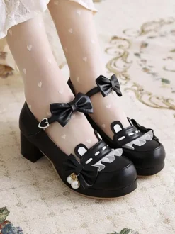 Lolita Chaussures Douces Noed à Côté Perle Faux Oreilles de Lapin Déco Mousseline