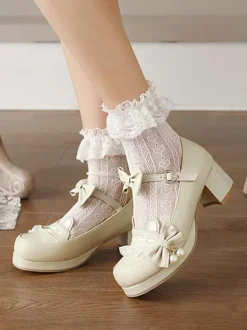 Lolita Chaussures Douces Noed à Côté Perle Faux Oreilles de Lapin Déco Mousseline