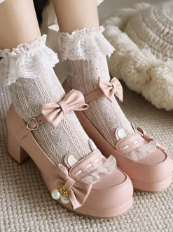 Lolita Chaussures Douces Noed à Côté Perle Faux Oreilles de Lapin Déco Mousseline
