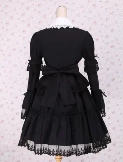 Lolita de coton noir OP robe manches longues ronde collier dentelle Déguisements