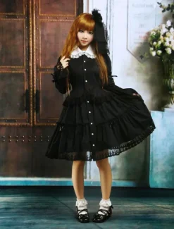 Lolita de coton noir OP robe manches longues ronde collier dentelle Déguisements