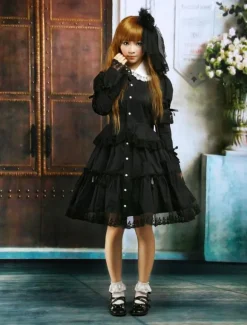 Lolita de coton noir OP robe manches longues ronde collier dentelle Déguisements