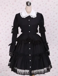 Lolita de coton noir OP robe manches longues ronde collier dentelle Déguisements