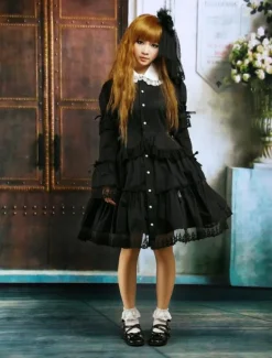 Lolita de coton noir OP robe manches longues ronde collier dentelle Déguisements