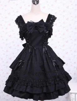 Lolita JSK Robe à Bretelle Noir Avec Noeud En Dentelle Déguisements
