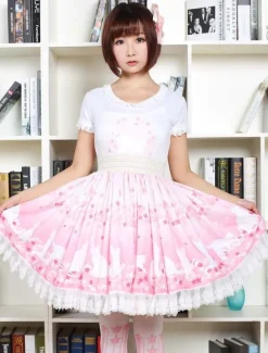 Lolita mignonne Jupe rose Sakura Kitty imprimée Lolita Skirt avec dentelle blanche Trim Shirring Déguisements Halloween