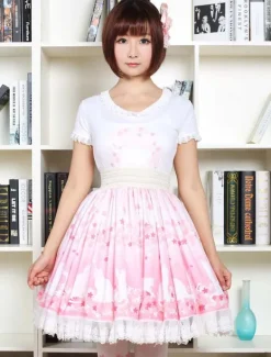 Lolita mignonne Jupe rose Sakura Kitty imprimée Lolita Skirt avec dentelle blanche Trim Shirring Déguisements Halloween