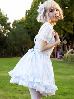 Lolita SK Jupe Style Pastoral Volants À Imprimée Fleurie Bleu Ciel Clair