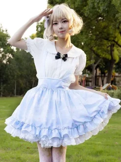Lolita SK Jupe Style Pastoral Volants À Imprimée Fleurie Bleu Ciel Clair