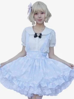 Lolita SK Jupe Style Pastoral Volants À Imprimée Fleurie Bleu Ciel Clair