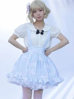 Lolita SK Jupe Style Pastoral Volants À Imprimée Fleurie Bleu Ciel Clair