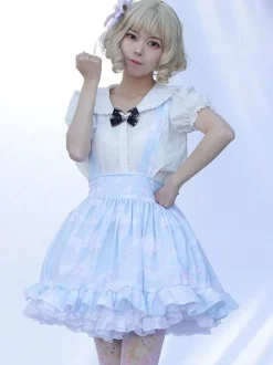 Lolita SK Jupe Style Pastoral Volants À Imprimée Fleurie Bleu Ciel Clair