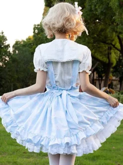 Lolita SK Jupe Style Pastoral Volants À Imprimée Fleurie Bleu Ciel Clair