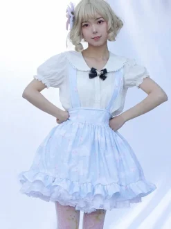 Lolita SK Jupe Style Pastoral Volants À Imprimée Fleurie Bleu Ciel Clair