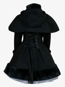 Lolita Vêtement avec ruban hiver et cape Ensemble à capuche en laine mélangée unicolore Tea party gothique Déguisements Halloween