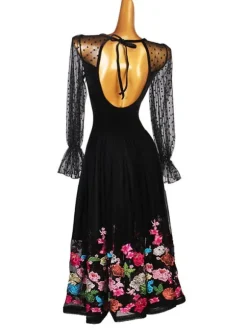 Lycra Salle de bal noire de danse Costumes Femmes Spandex Ensemble robe de broderie Wear de danse
