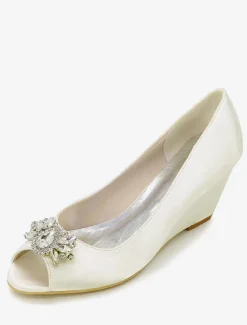 Magnifique chaussure de mariée en satin à talons compensés avec strass Escarpin