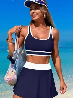 Maillot de bain 2 pièces à contraste de couleurs avec jupe de sport de plage pour femme 2026