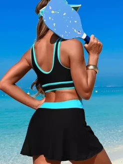 Maillot de bain 2 pièces à contraste de couleurs avec jupe de sport de plage pour femme 2026