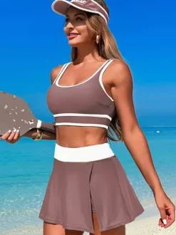 Maillot de bain 2 pièces à contraste de couleurs avec jupe de sport de plage pour femme 2026