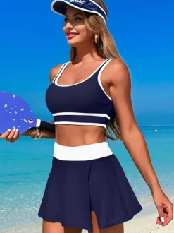 Maillot de bain 2 pièces à contraste de couleurs avec jupe de sport de plage pour femme 2026