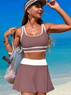 Maillot de bain 2 pièces à contraste de couleurs avec jupe de sport de plage pour femme 2026