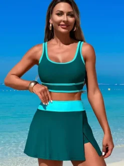 Maillot de bain 2 pièces à contraste de couleurs avec jupe de sport de plage pour femme 2026