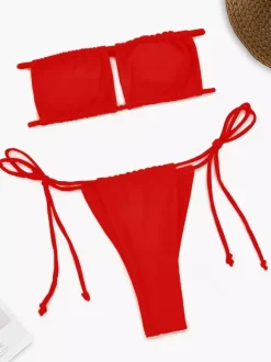 Maillot De Bain Bikini Femme À Lacet Rouge Découpé Dos Nu Plage D'Été