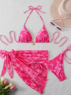 Maillot de bain bikini femme rose à lacets maillot de bain d'été pour la plage