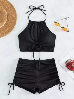 Maillot de bain bikini marron à lacets pour femme idéal pour l'été à la plage.