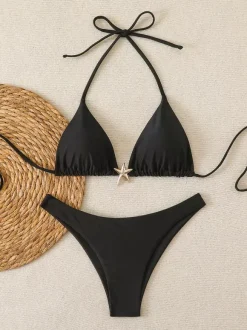 Maillot de bain bikini noir à lacets pour femme idéal pour l'été à la plage.