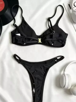 Maillot de bain bikini noir pour femme ensemble sexy d'été avec soutien-gorge dos nageur
