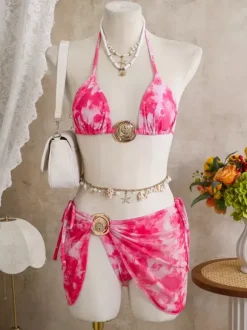 Maillot de bain bikini rose pour femme avec détails métalliques et taille naturelle maillot de bain sexy d'été