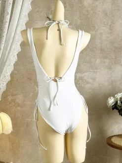 Maillot de bain deux pièces sexy pour femme - Haut de bikini dos nu à anneaux sur le devant monokini froncé sur les côtés - Été Plage 2026