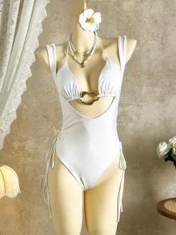 Maillot de bain deux pièces sexy pour femme - Haut de bikini dos nu à anneaux sur le devant monokini froncé sur les côtés - Été Plage 2026