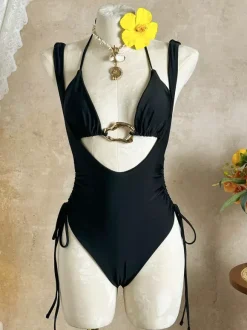 Maillot de bain deux pièces sexy pour femme - Haut de bikini dos nu à anneaux sur le devant monokini froncé sur les côtés - Été Plage 2026