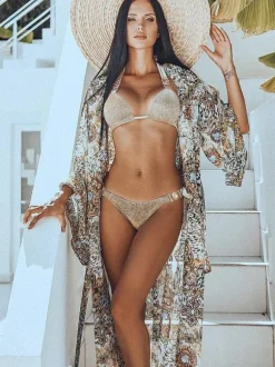 Maillot de Bain en Paillette Bikini Sexy Femme Eté à Col Décolleté en V avec Bretelles Taille Haute Unicolore Bikini Push Up