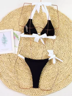 Maillot De Bain Femmes Bikini Noir Noué Irrégulière Taille Haute Été Sexy À Lacet