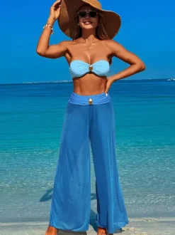 Maillot de bain trois pièces pour femme bikini sans bretelles et pantalon de plage à jambes larges 2026