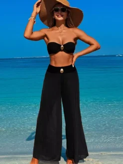 Maillot de bain trois pièces pour femme bikini sans bretelles et pantalon de plage à jambes larges 2026