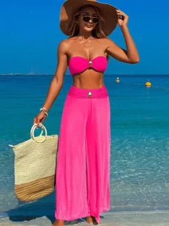 Maillot de bain trois pièces pour femme bikini sans bretelles et pantalon de plage à jambes larges 2026