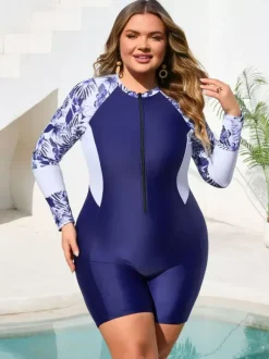 Maillot de bain une pièce athlétique grande taille à manches fleuries et fermeture éclair