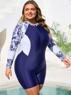 Maillot de bain une pièce athlétique grande taille à manches fleuries et fermeture éclair