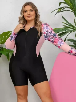 Maillot de bain une pièce athlétique grande taille à manches fleuries et fermeture éclair