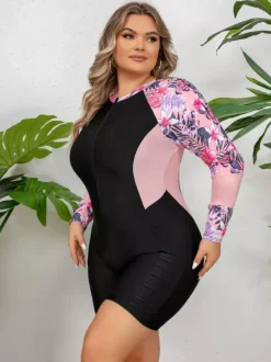 Maillot de bain une pièce athlétique grande taille à manches fleuries et fermeture éclair