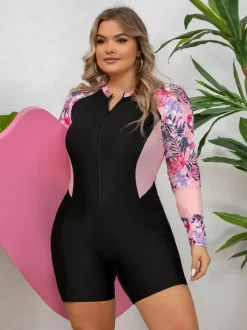 Maillot de bain une pièce athlétique grande taille à manches fleuries et fermeture éclair